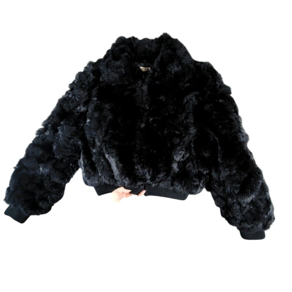 Rabbit Fur Bomber Jacket Womens L Black Full Zip Quilted Lined Short Hong Kong